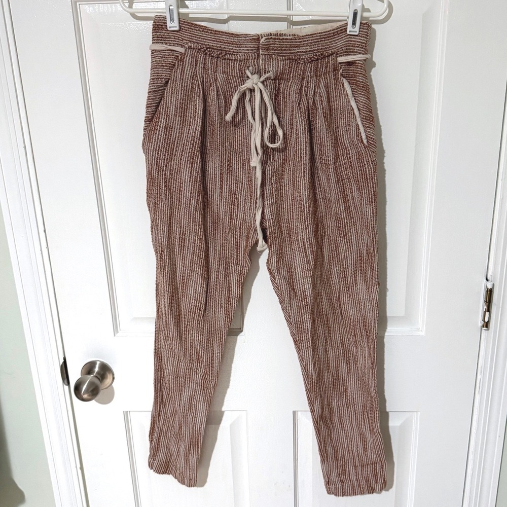 Free People Rust Cream Textured Striped Drawstring‎ Tapered Pants Size 2